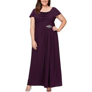 Alex Evenings Plus Size 14W Long Cowl Neck A-line Dress plum